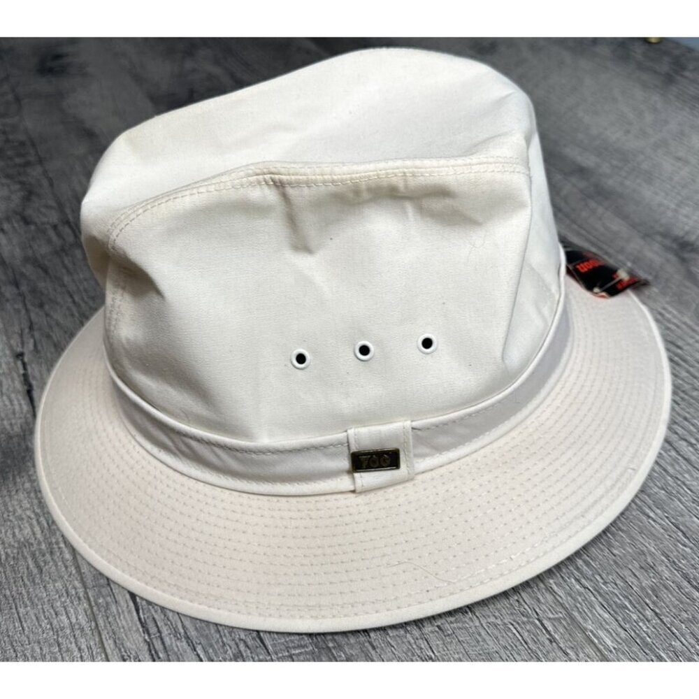 London Fog Fedora Hat Mens Beige 7 1/2 Canvas All Weather Dupont USA Made NWT